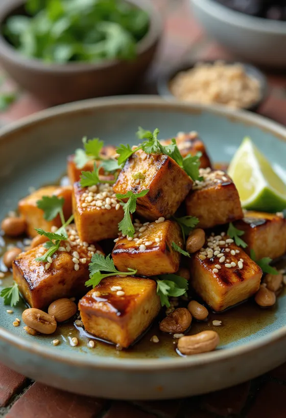 Gegrilde tofu met geroosterde pinda's