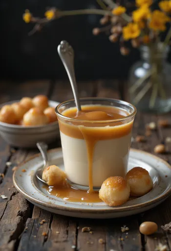 Karamellpudding versierd met slagroom en karamelsaus.