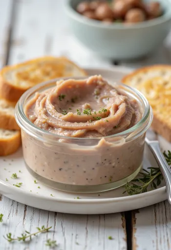 Romige levercrème gesmeerd op sneetjes vers brood, versierd met groene kruiden.