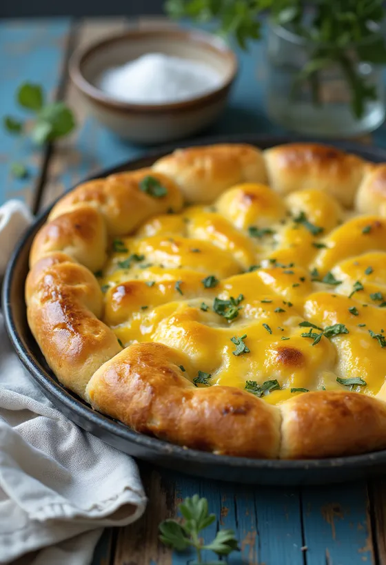 Focaccia met mosterd en gerookte kaas geserveerd