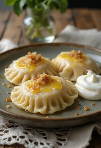 Pierogi met kool, geserveerd met koolvulling en gebakken ui