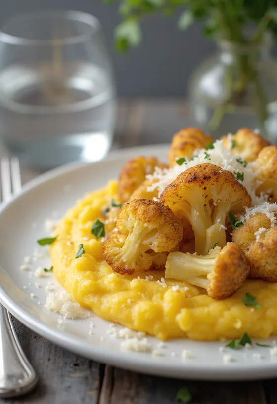 Romige polenta geserveerd met geroosterde bloemkool, op smaak gebracht met knoflook