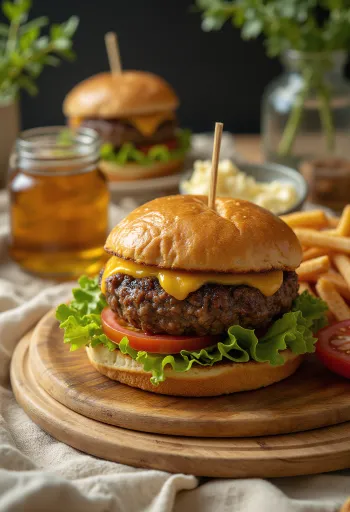 Zeehondenvleesburger geserveerd met sla, tomaat en mayonaise.