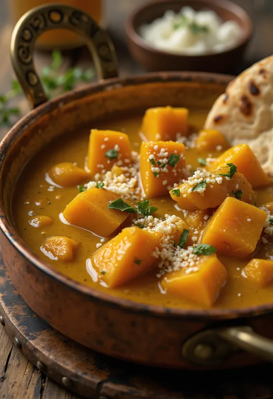 Romige pompoencurry met verse koriander geserveerd