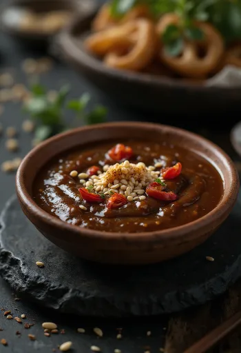Donkere tamarinde dip in een kommetje met sesamzaad