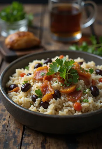 Baião de dois met koriander geserveerd, versierd met verse koriander