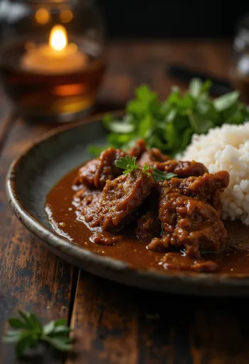 Beef Rendang geserveerd met rijst en verse koriander