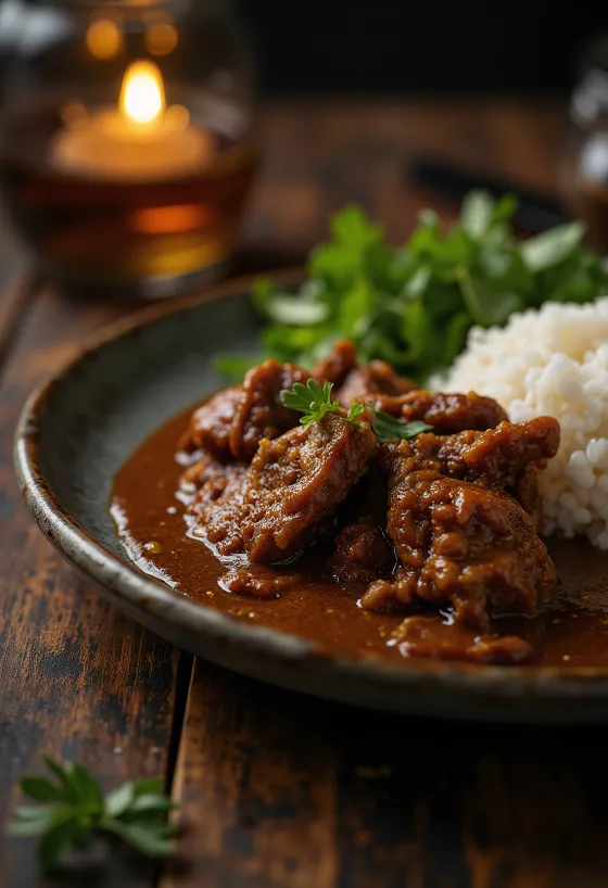 Beef Rendang geserveerd met rijst en verse koriander
