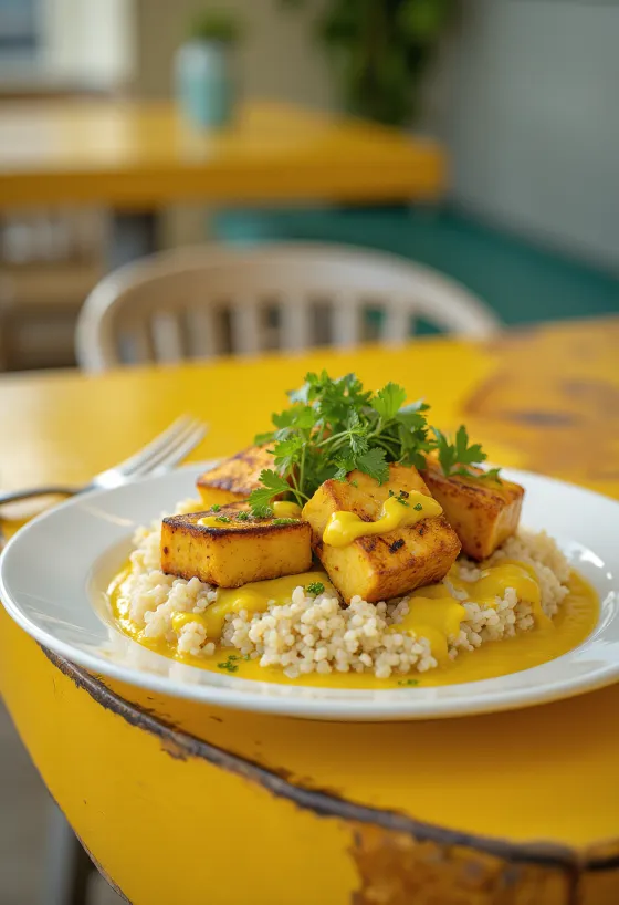 Gegrilde tofu en quinoa met curry-tahini geserveerd