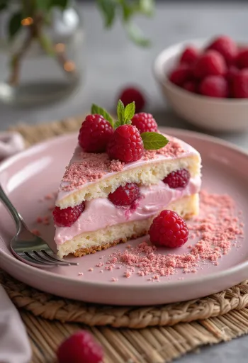 Yoghurt-frambozentaart geserveerd met verse frambozen en poedersuiker