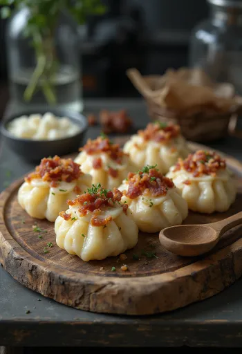 Sztrapacska met schapenkaas geserveerd met zure room en gebakken spek.