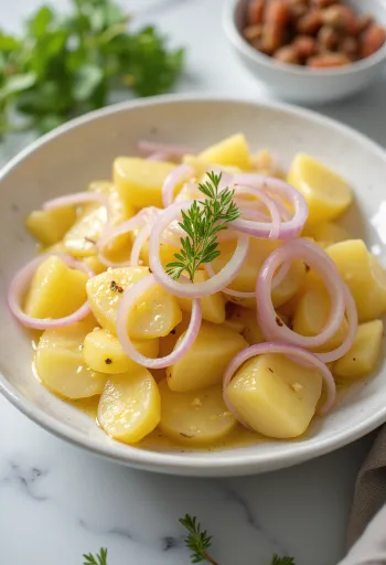 Verse aardappelsalade geserveerd met gekookte aardappelen, rode ui en verse peterselie.