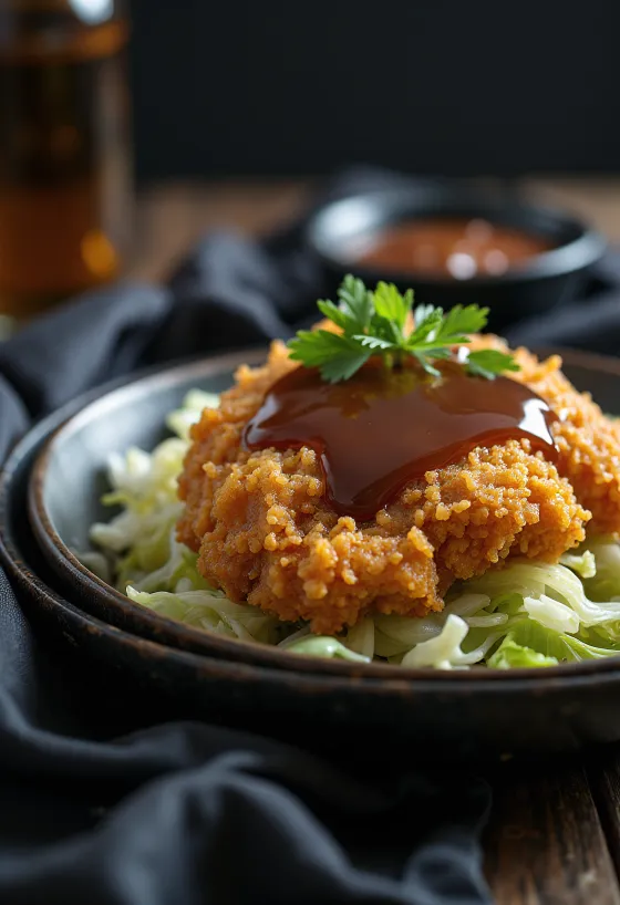 Menchi katsu geserveerd met kool en donkere saus