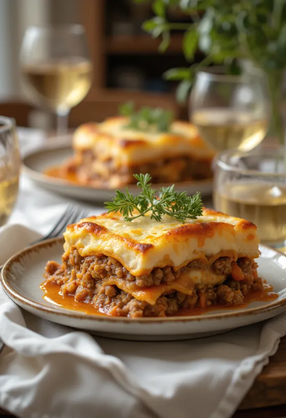 Moussaka met gehakt, vlees- en kaaslagen