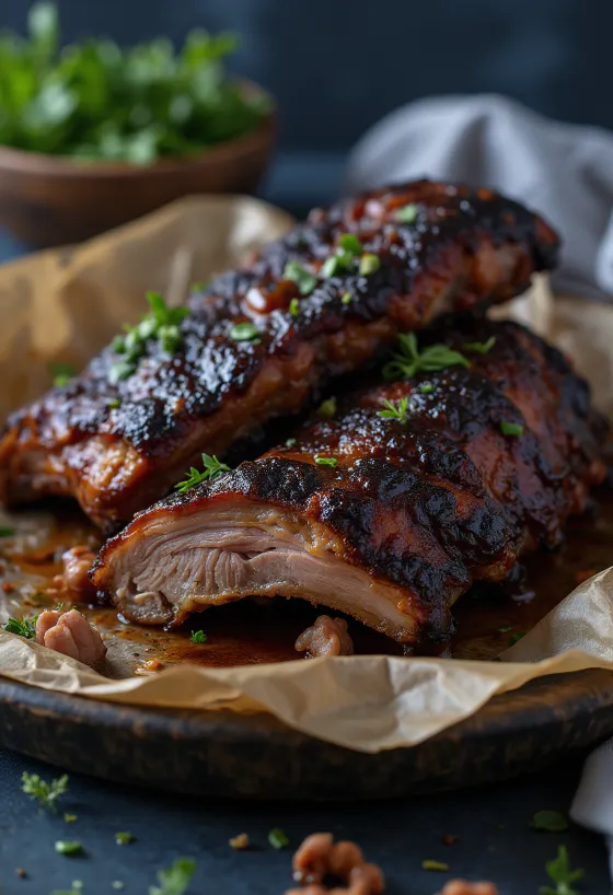 Gerookte buffelribben geserveerd op een rustieke schaal met barbecuesaus.