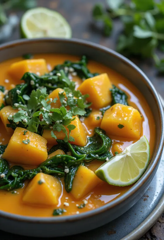 Pompoencurry met spinazie geserveerd