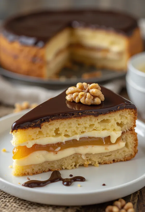 Gerbeaud taart aangesneden op een bord