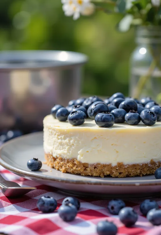Blauwe bessen cheesecake geserveerd met verse bessen