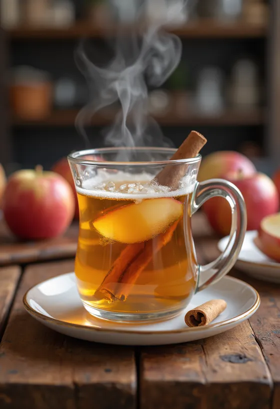 Warme appeldrank met kaneel in een mok, versierd met kaneelstokjes en schijfjes appel