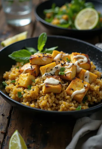 Wok met gegrilde tofu, quinoa en curry-tahini