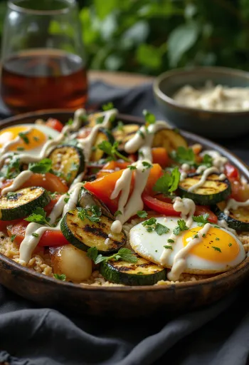 Gegrilde groenten met tahindressing, gegarneerd met peterselie