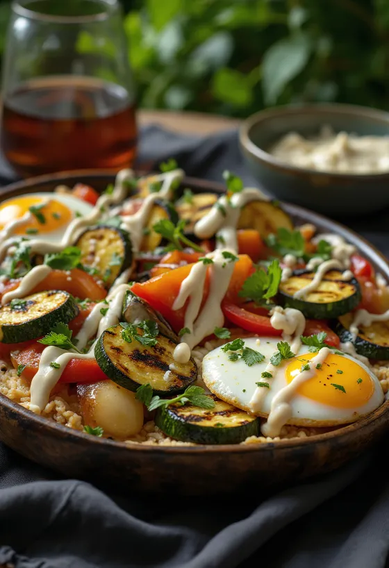 Gegrilde groenten met tahindressing, gegarneerd met peterselie