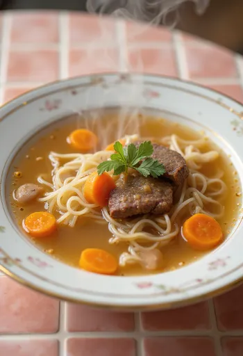 Vleessoep geserveerd met verse groenten en vermicelli