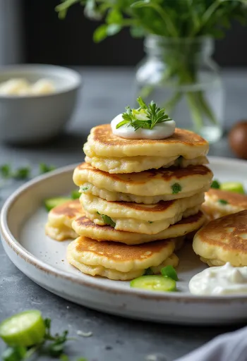 Prebiotische pannenkoekjes met kwark en prei, geserveerd met verse peterselie