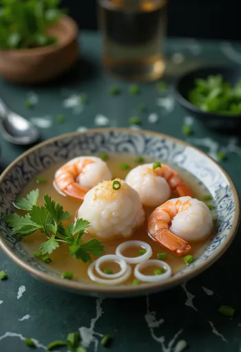 Tangyuan met garnalen, garnalenballetjes met sappige vulling, geserveerd met koriander en lente-ui