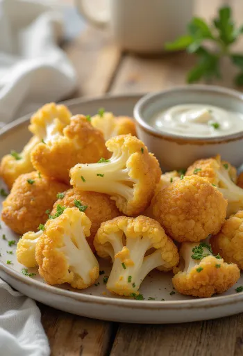 Gepaneerde bloemkool goudbruin gebakken, geserveerd in een knapperig jasje