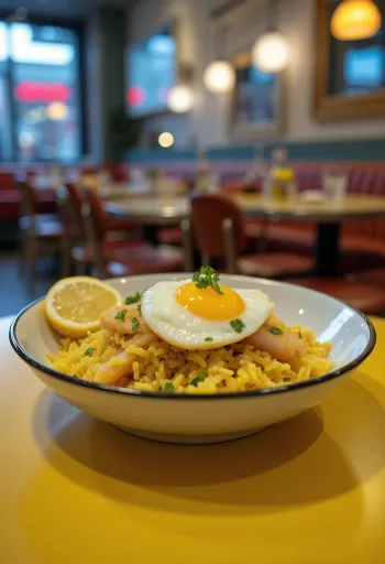 Gerookte schelvis kedgeree geserveerd in een kom met eieren en peterselie.