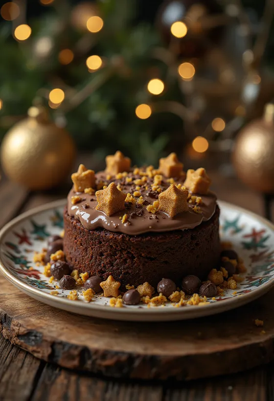 Advents chocoladetaart met feestelijke decoratie op een schaal