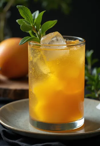 Australische mangocider in een glas gegarneerd met limoen
