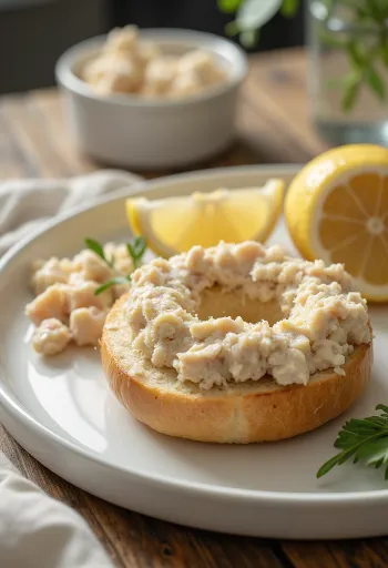 Bagel met tonijncrème en roomkaas, gegarneerd met verse peterselie