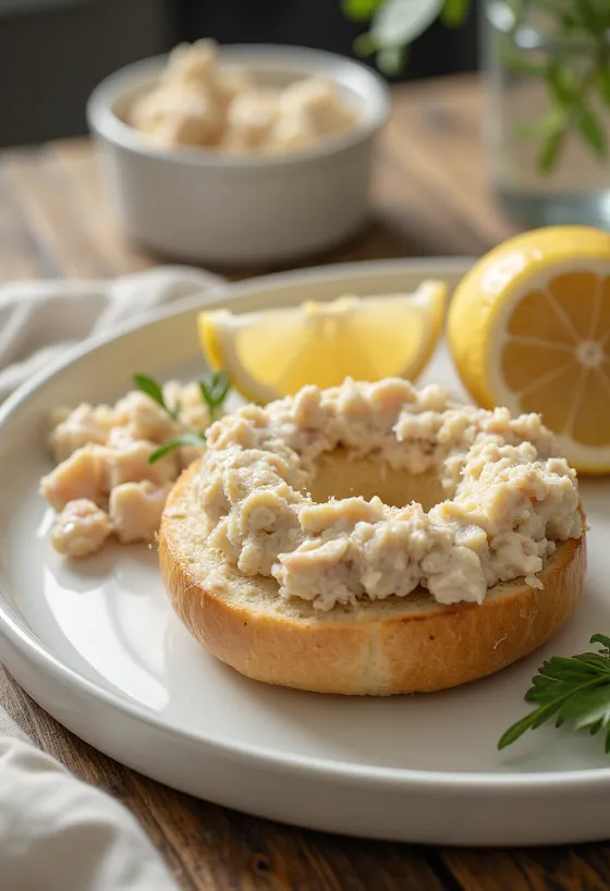 Bagel met tonijncrème en roomkaas, gegarneerd met verse peterselie