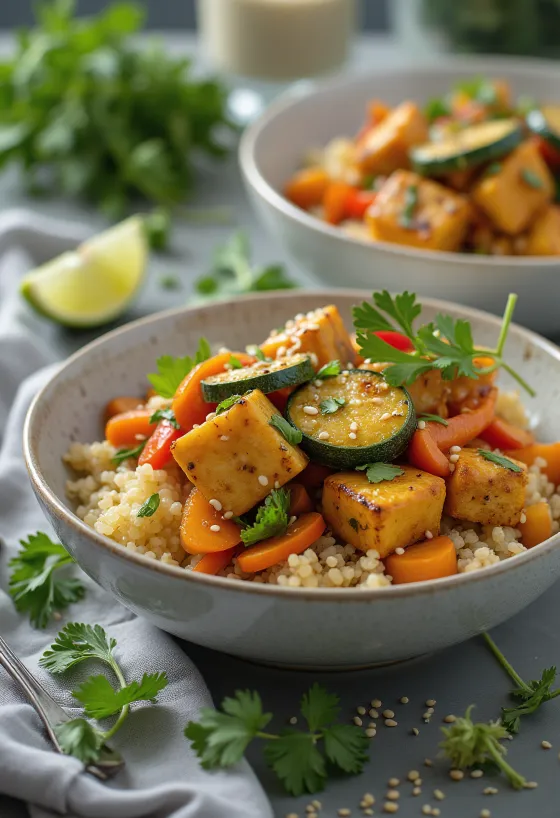 Gegrilde tofu wok met curry-quinoa