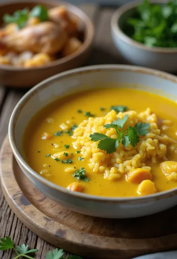 Mulligatawny soep met kip geserveerd