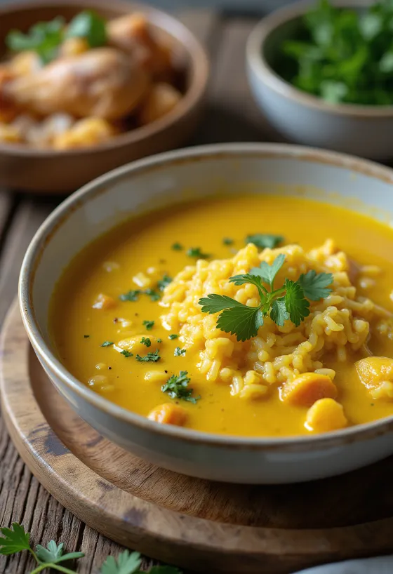Mulligatawny soep met kip geserveerd