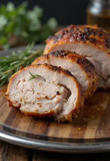 Gerookte wilde kalkoenborst geserveerd met gegrilde groenten.