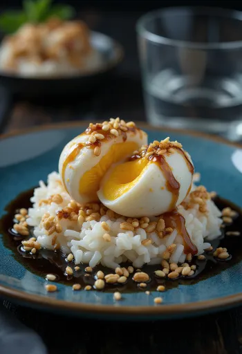 Balut met sesamzaad, versierd met rijst en gebakken uitjes