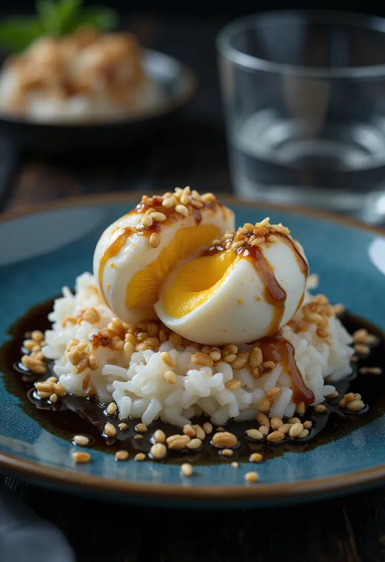 Balut met sesamzaad, versierd met rijst en gebakken uitjes