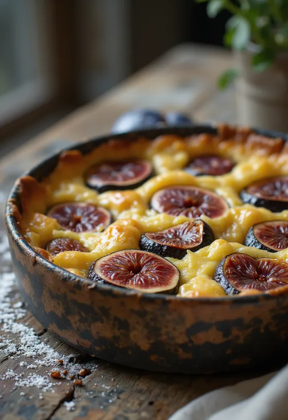 Goudbruine clafoutis met vijgen geserveerd
