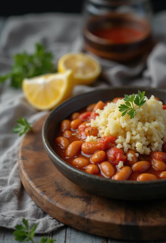 Gigantes plaki met peterselie, geserveerd met peterselie en vers brood