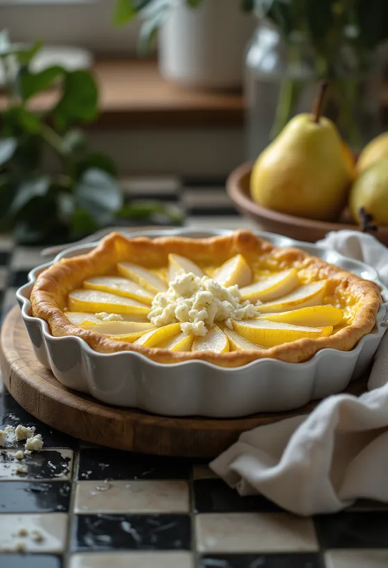 Quiche met gorgonzola en peer in punten gesneden, rustiek geserveerd