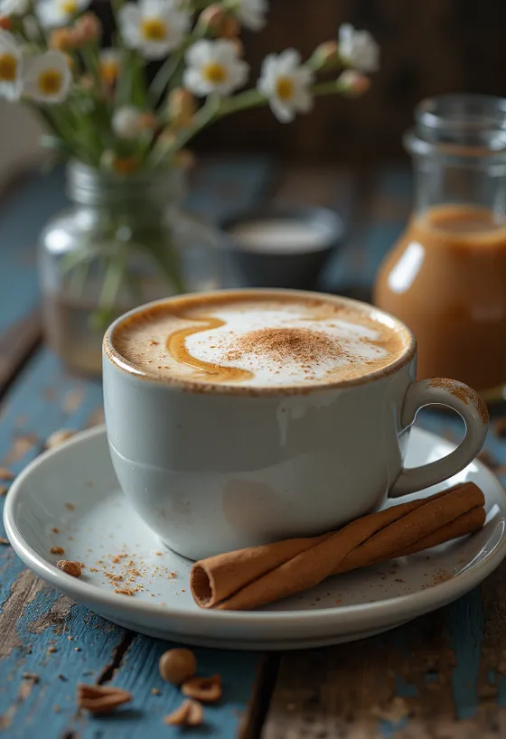 Karamel chai latte geserveerd in een glas
