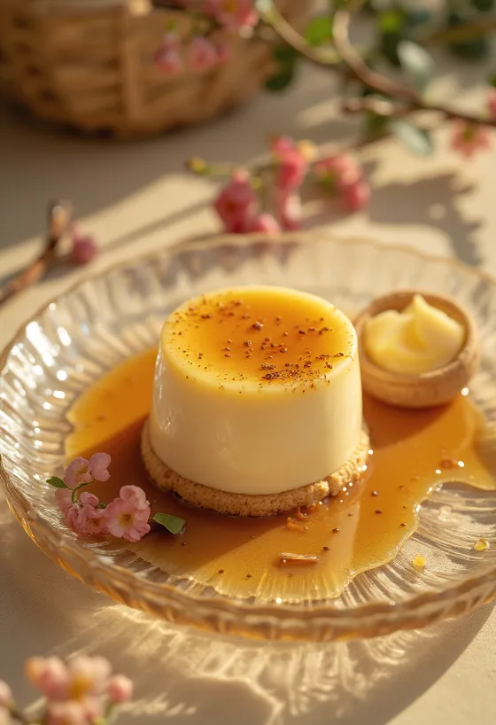 Karamel panna cotta taart in punten geserveerd