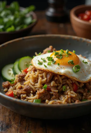 Nasi Goreng geserveerd met rundvlees en gebakken ei