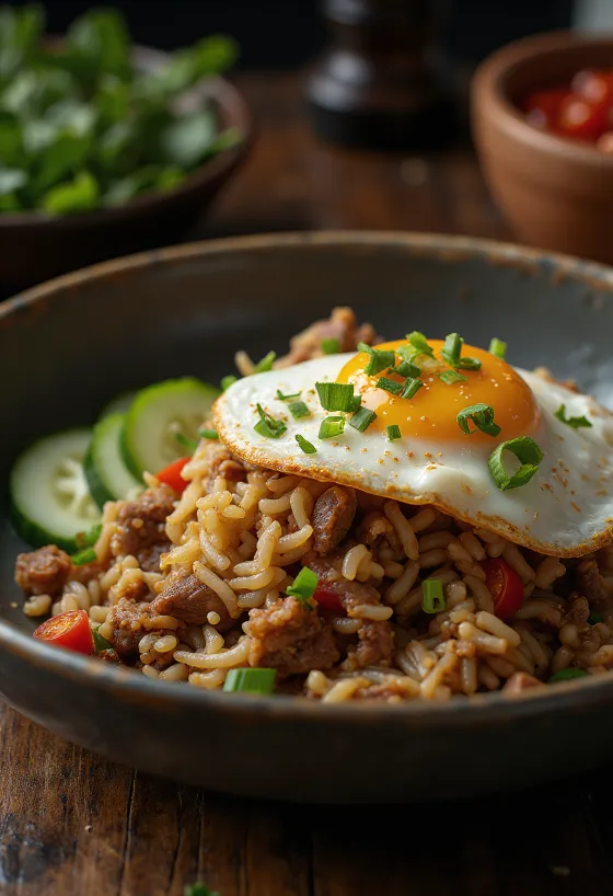 Nasi Goreng geserveerd met rundvlees en gebakken ei