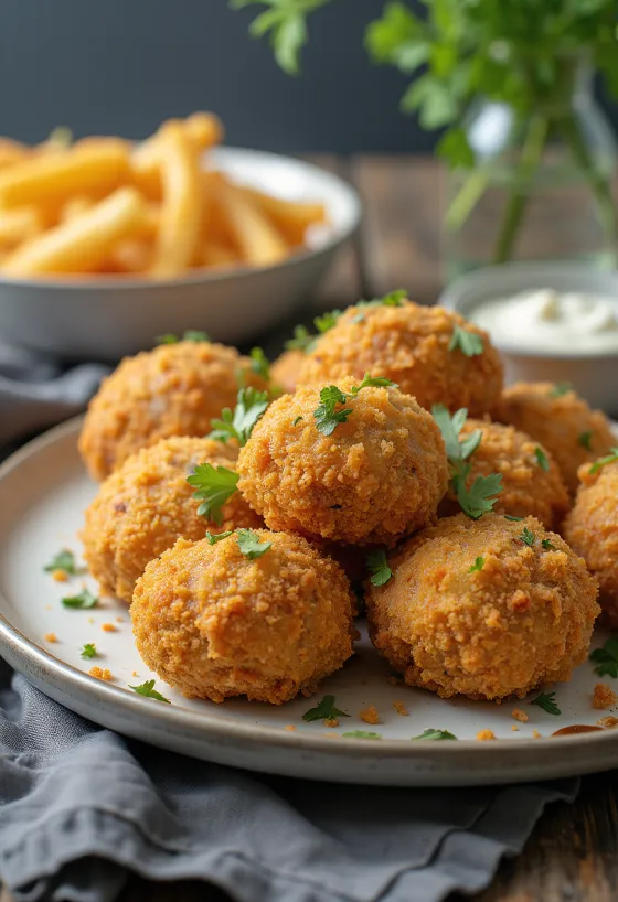 Goudbruin gebakken gepaneerde champignonkoppen in een knapperig jasje, geserveerd met verse salade en tartaarsaus.