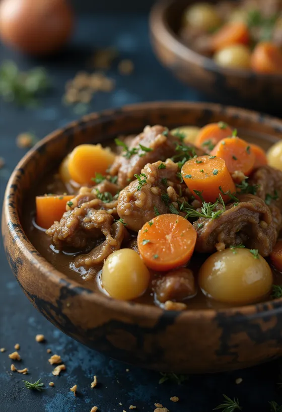 Eekhoornstoofpot geserveerd in een rustieke kom met vers brood.